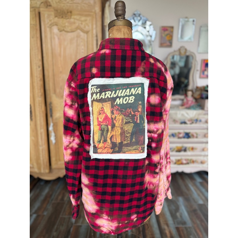 Vintage Marijuana Propaganda Flannel Bleach Dye Buffalo Plaid Shirt - Picture 7 of 7